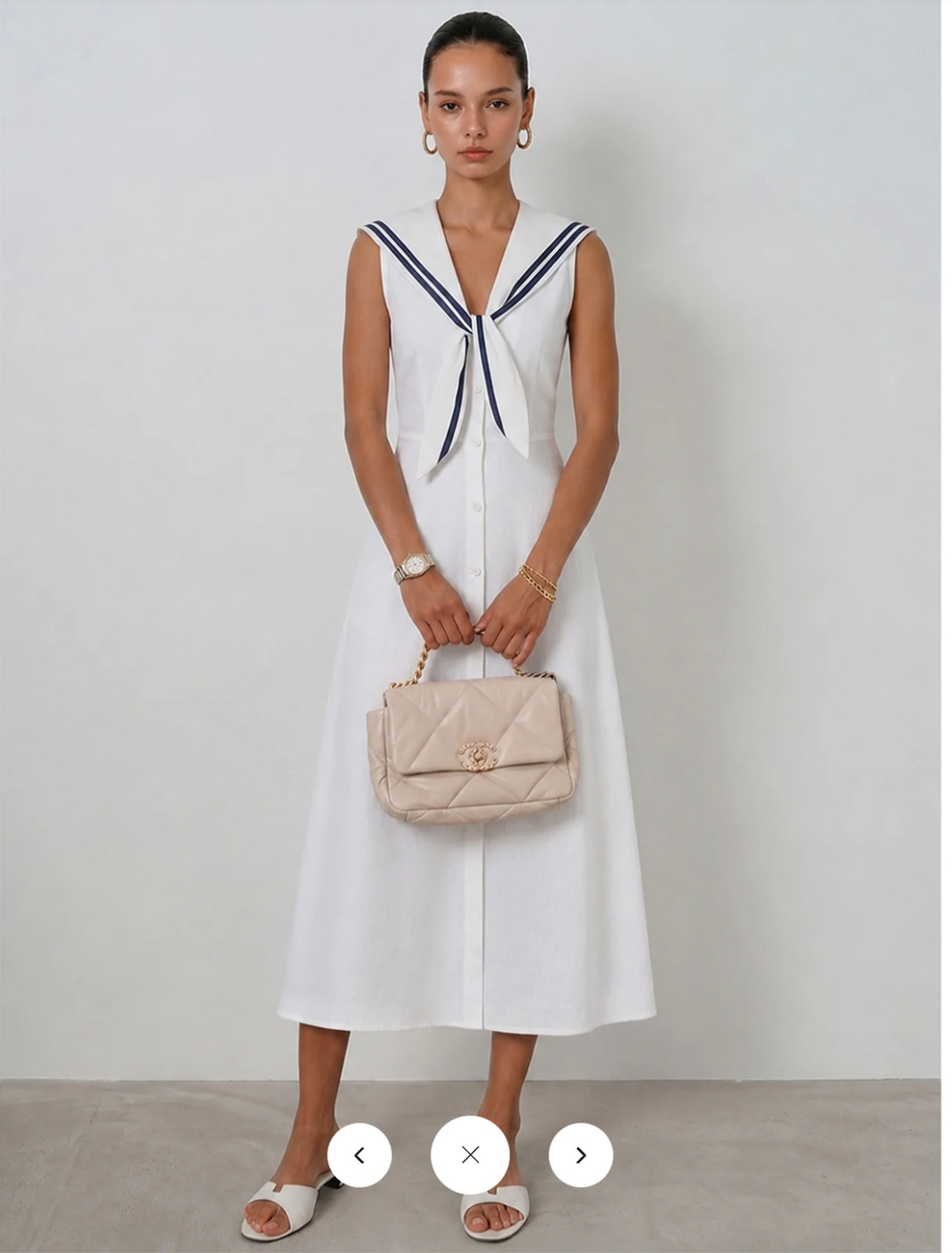 NWT Commense Sleeveless Sailor Collar Cotton Linen Midi Dress Sz M